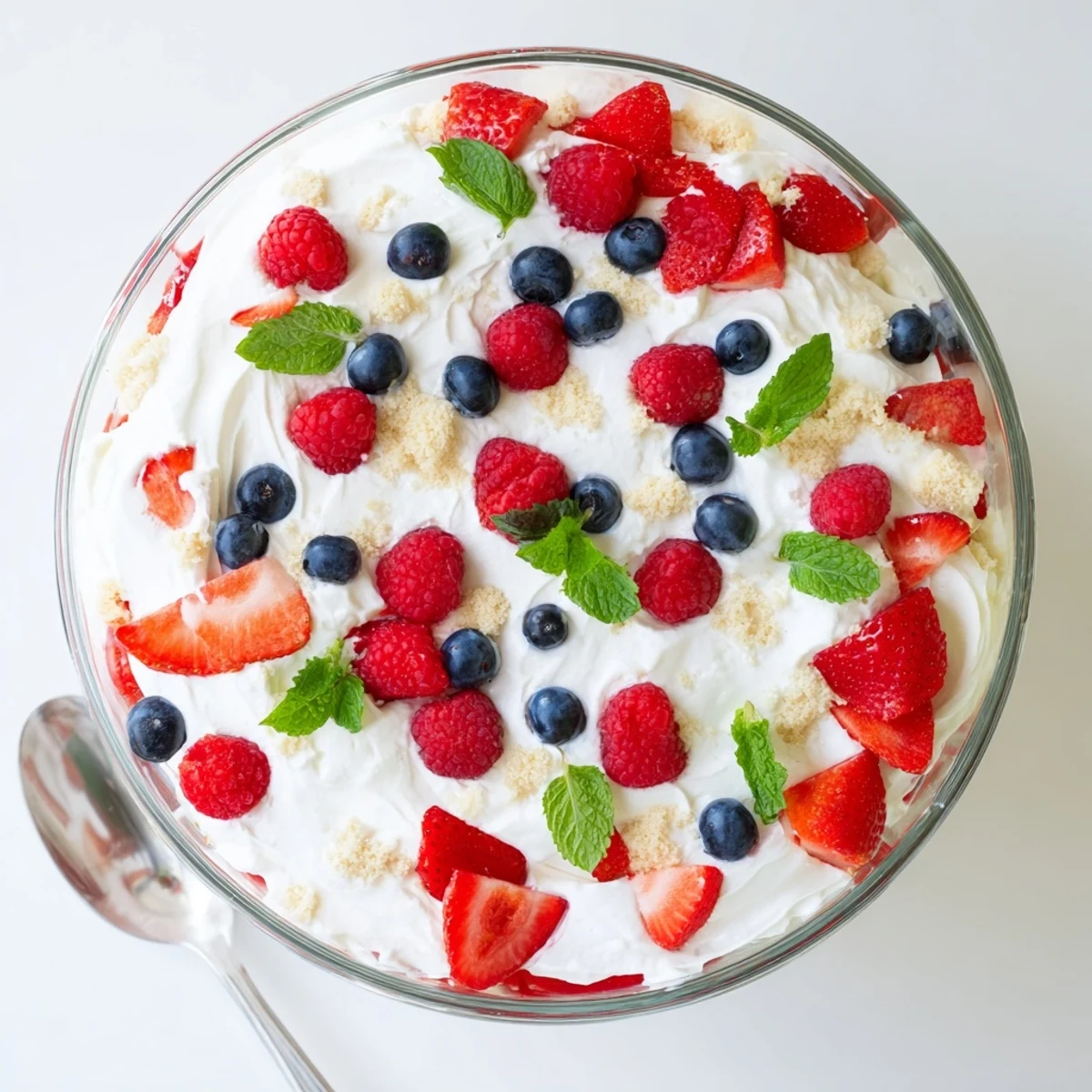 Patriotic Red White Blue Mixed Berry Yum Yum with fluffy whipped filling and vibrant summer berries chilled to perfection