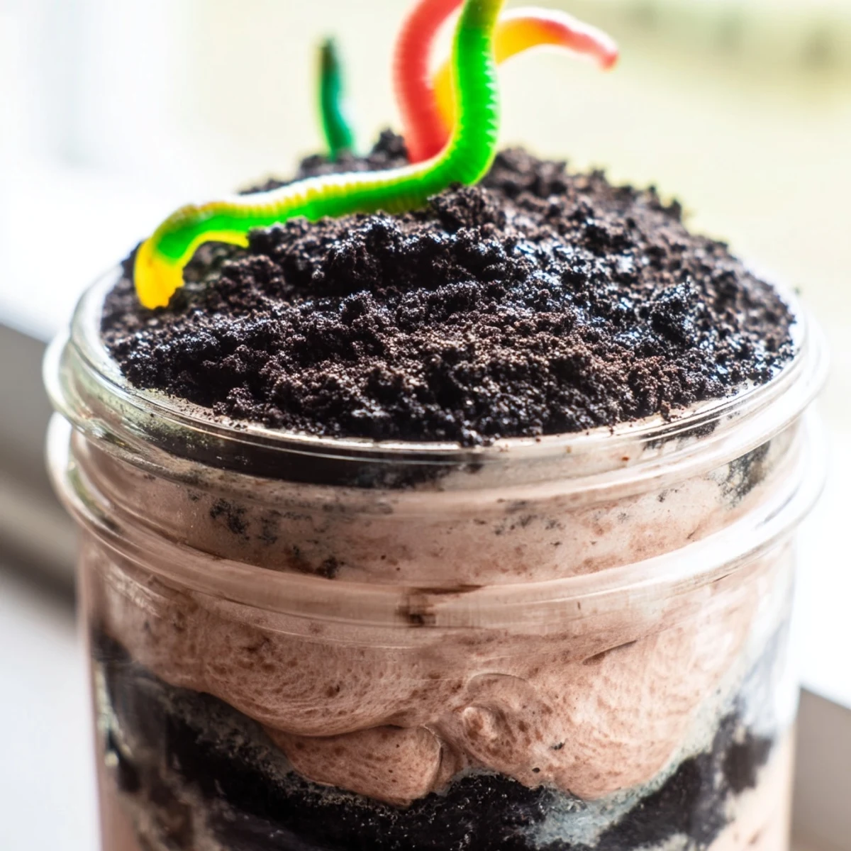 Creamy dirt pudding layered with crushed cookies and playful gummy worms