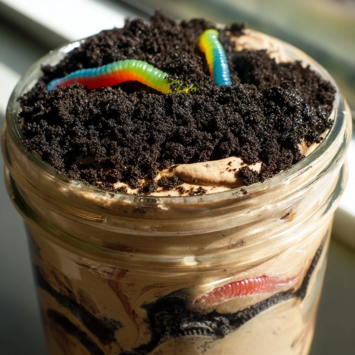 Chocolate dirt pudding in clear jars showing rich cookie and pudding layers
