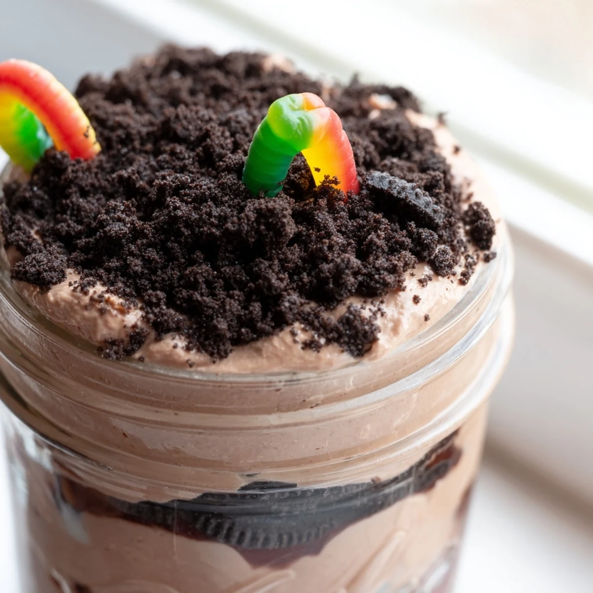 Fun dirt pudding topped with Oreo crumbs and colorful gummy worm decorations