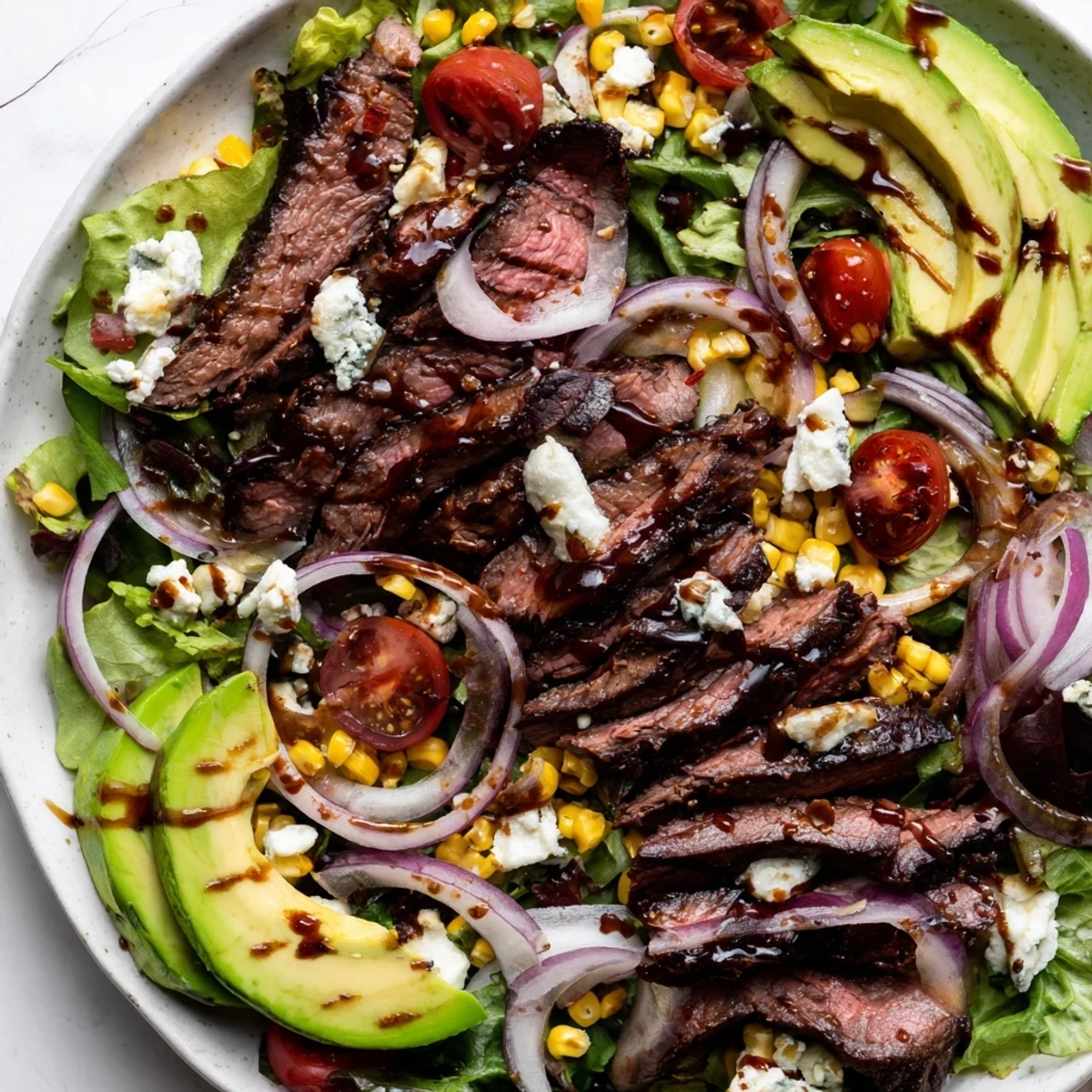 Sliced balsamic steak over crisp greens with crumbled Gorgonzola and charred grilled corn