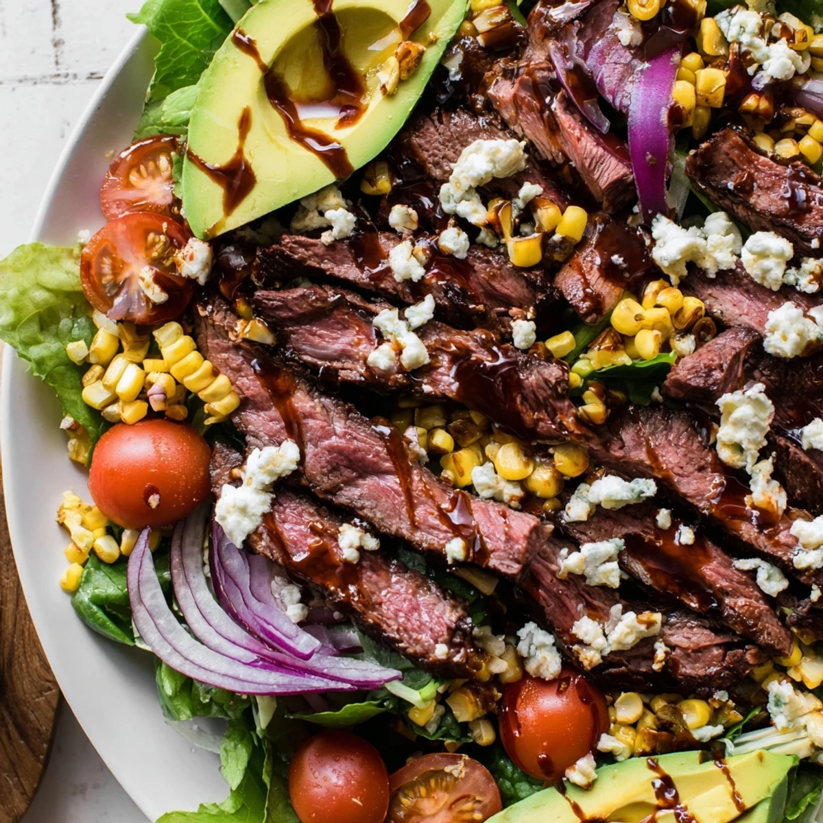 Juicy grilled flank steak arranged on a bed of creamy Gorgonzola salad with sweet corn