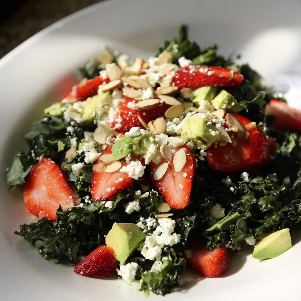 Chopped kale tossed with juicy strawberries, blueberries, and crisp cucumber drizzled with lemon-honey vinaigrette.