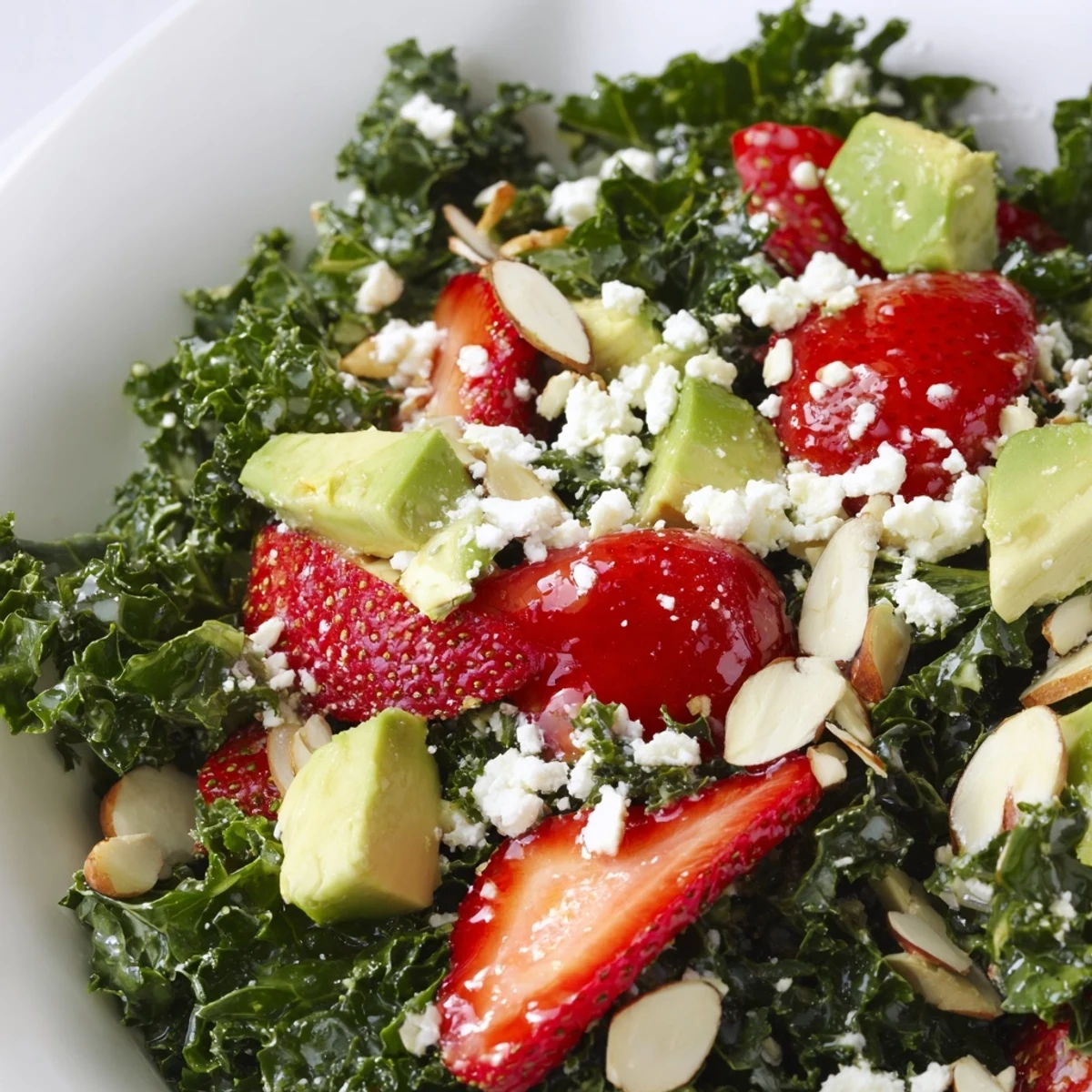 A colorful summer kale salad topped with fresh berries, avocado, and feta in a shallow bowl.