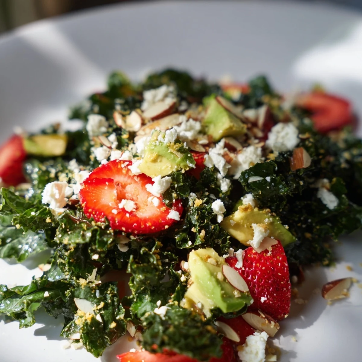 Hearty summer kale salad served on a white plate with toasted almonds and sliced cherry tomatoes.