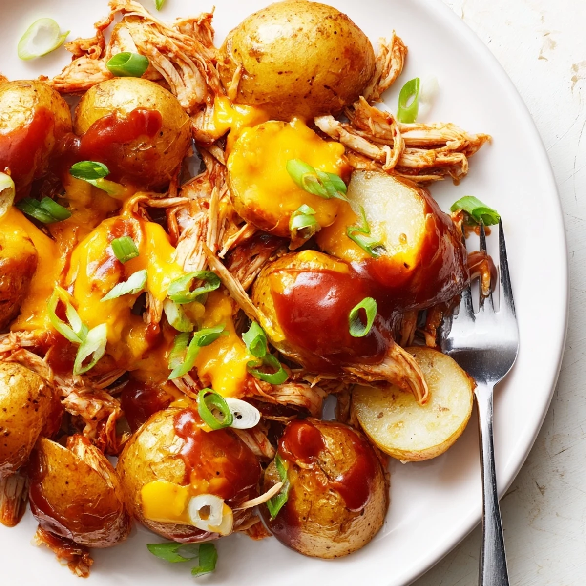 Golden roasted baby potatoes layered with honey BBQ chicken and melted cheddar cheese