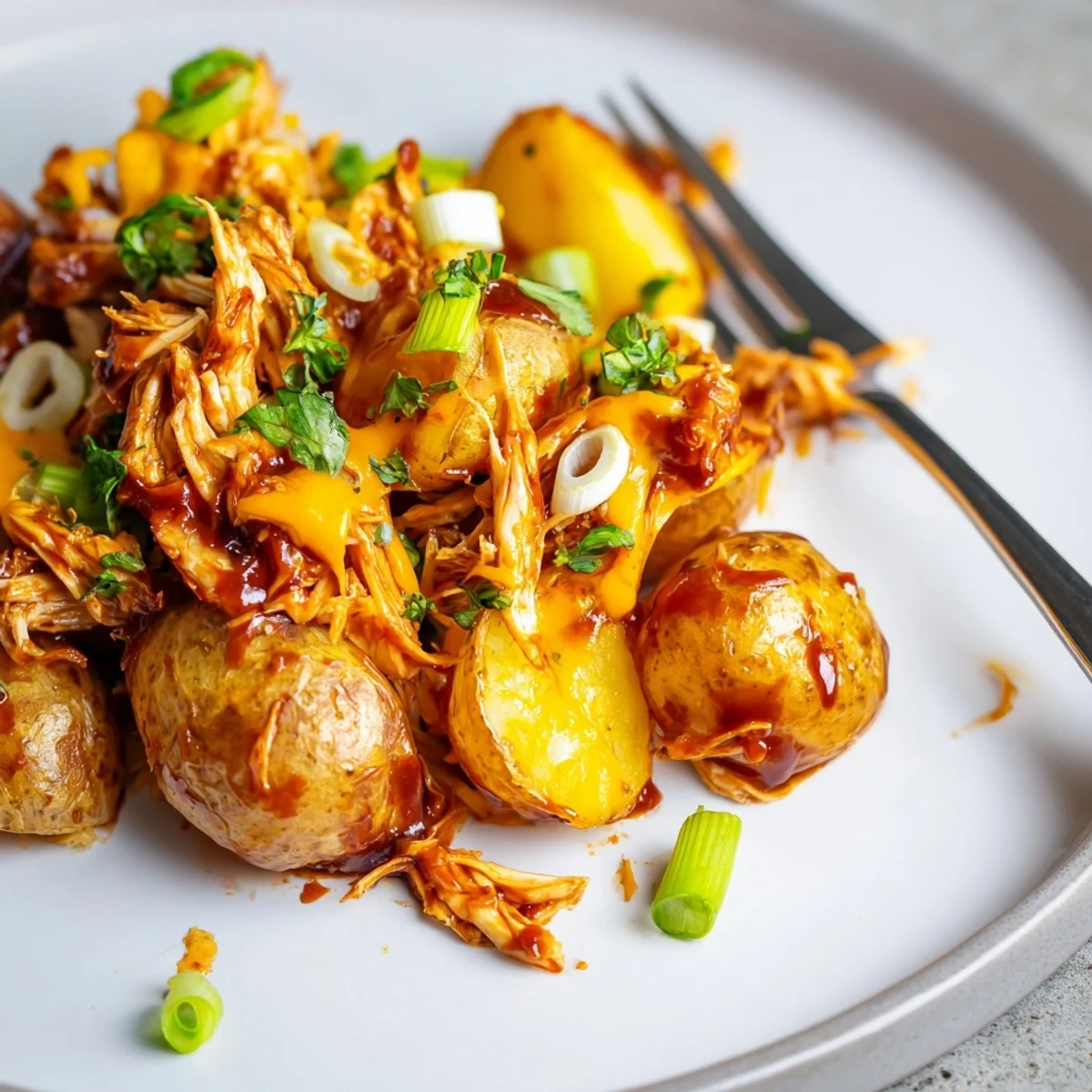 Bubbling cheddar-topped honey BBQ chicken and potatoes served hot from a casserole dish
