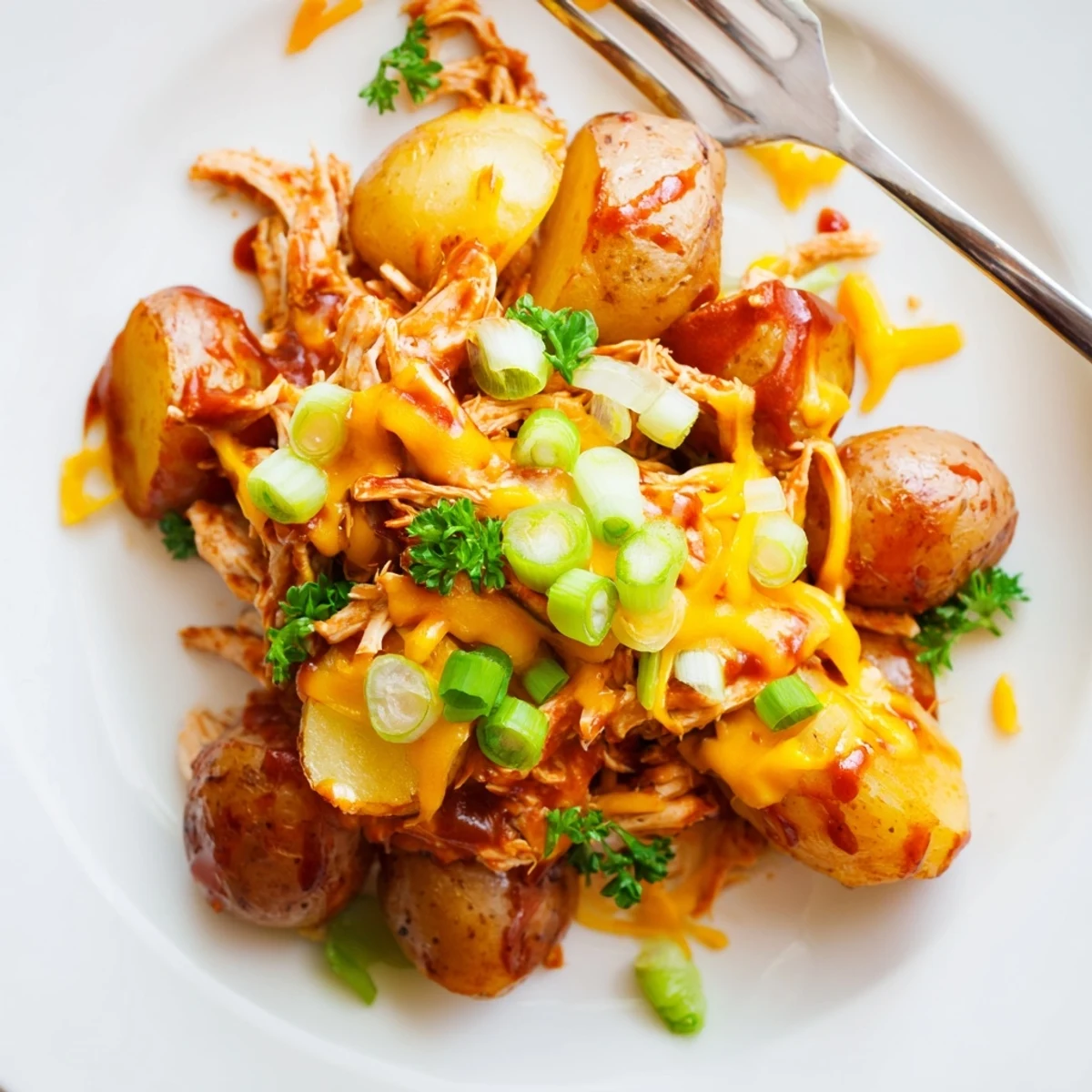 Sliced honey BBQ chicken over crispy potatoes sprinkled with green onions and parsley