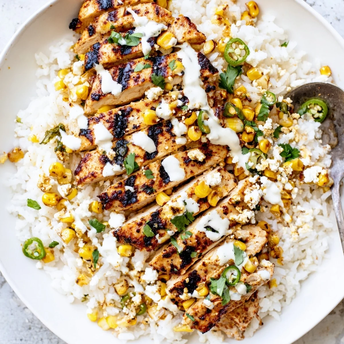 Juicy sliced grilled chicken over fluffy rice in a street corn chicken rice bowl drizzled with creamy sauce.