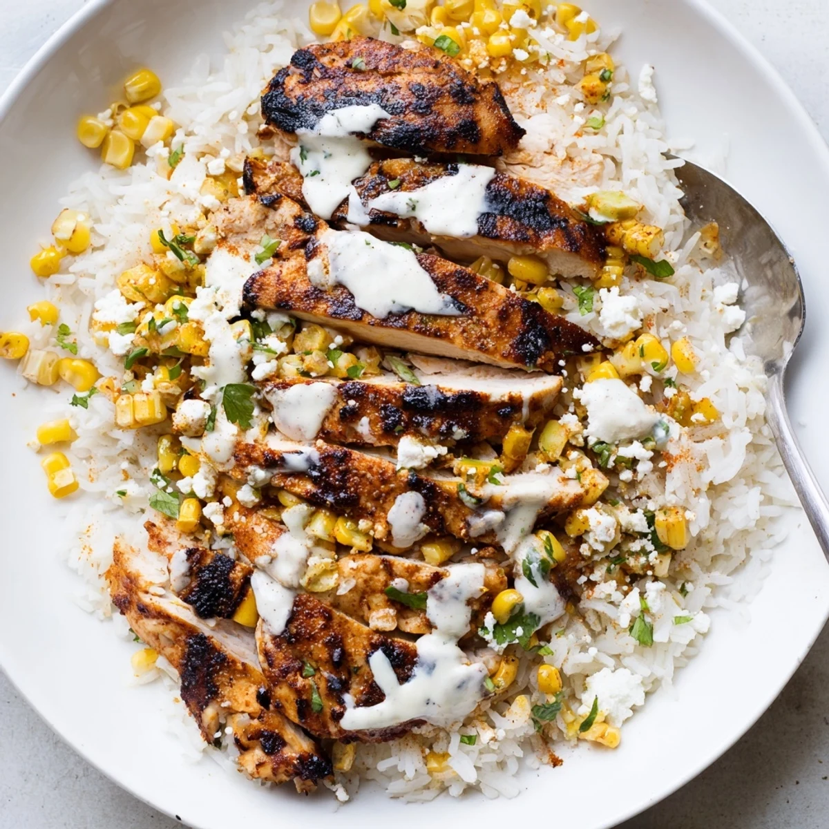 Charred golden corn and crumbled cotija top this vibrant street corn chicken rice bowl served in a shallow dish.