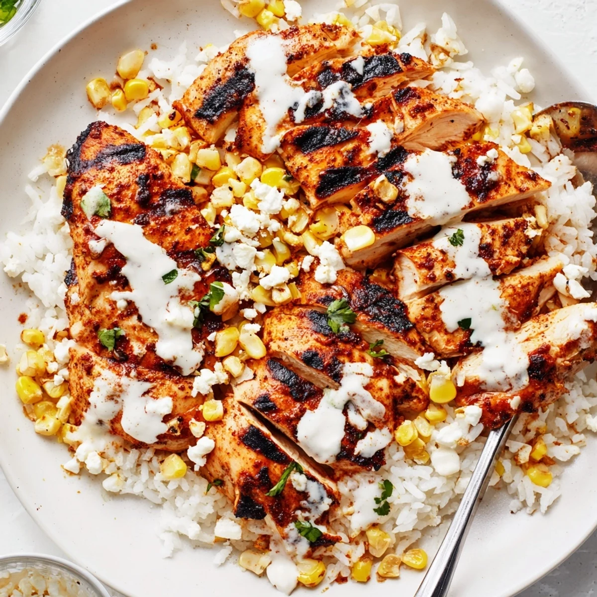 A close-up street corn chicken rice bowl with spiced chicken, lime wedges, and fresh cilantro on white rice.