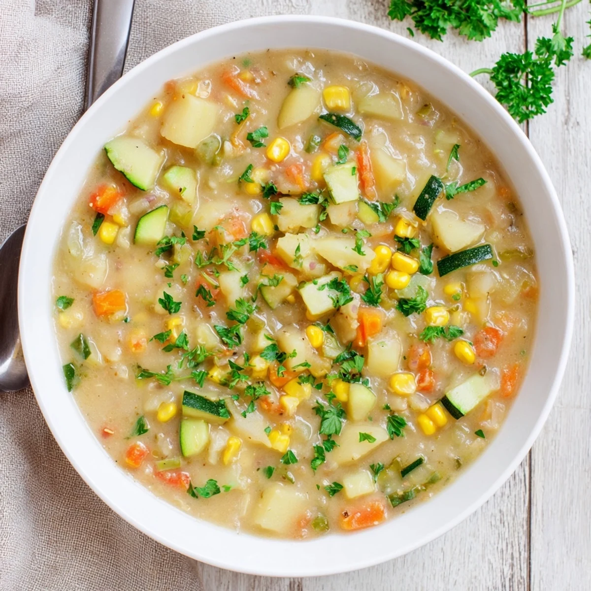 Steaming bowl of hearty potato corn zucchini soup topped with fresh parsley.