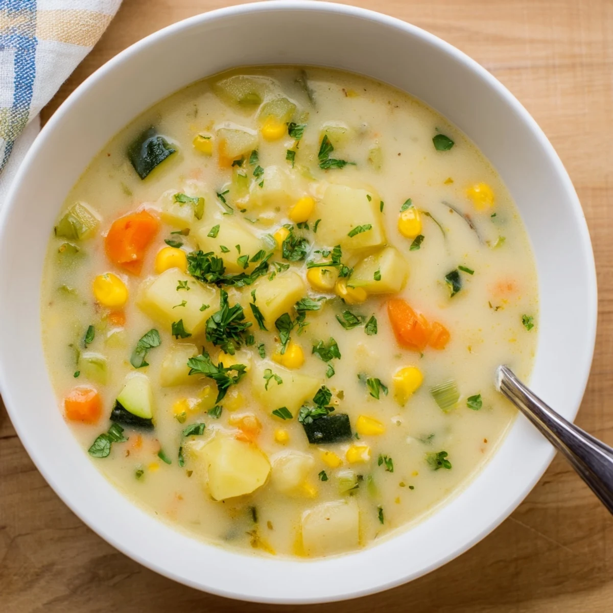 Hearty potato corn zucchini soup ladled into a rustic bowl, steam rising.