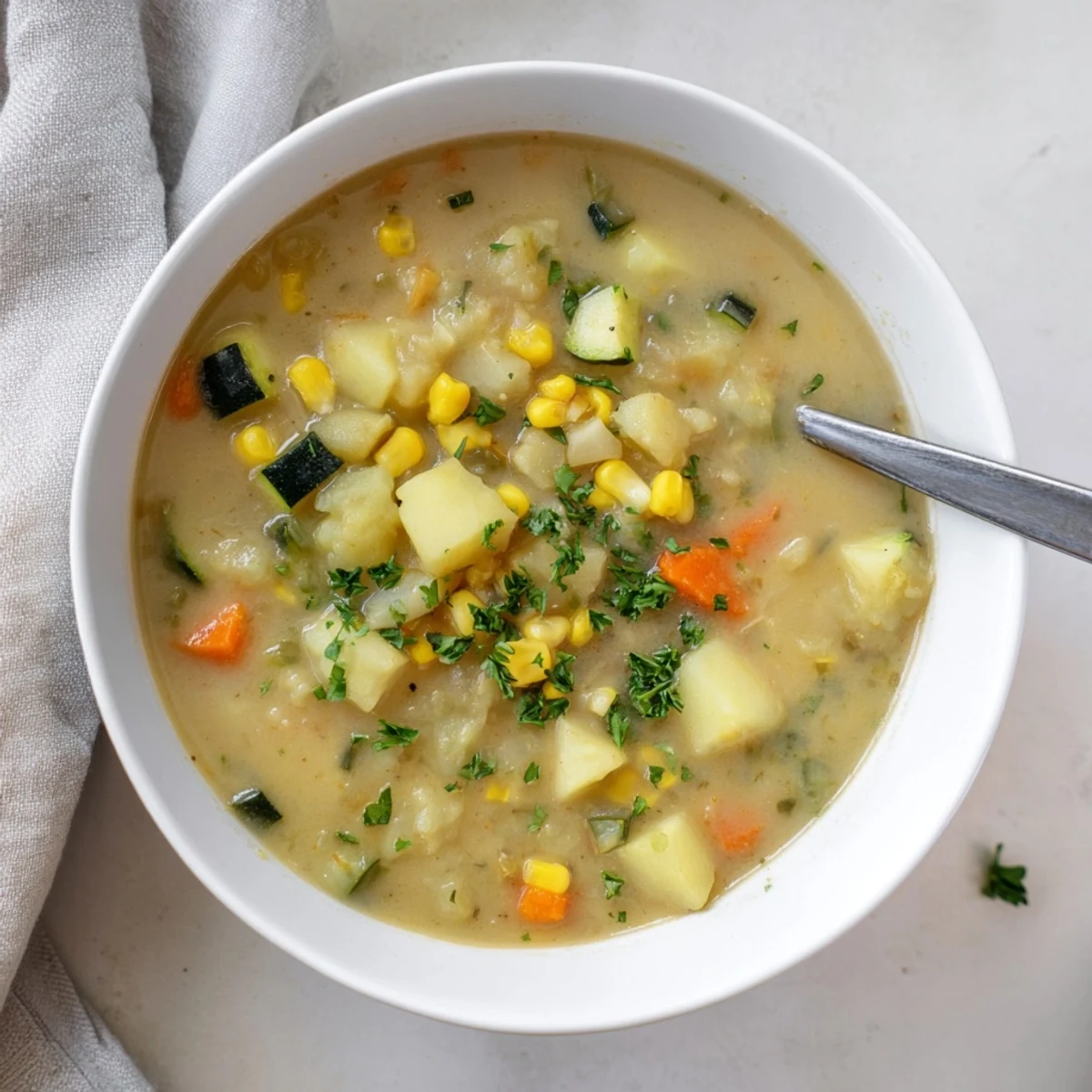 Golden corn and tender potato chunks in a creamy zucchini soup bowl.