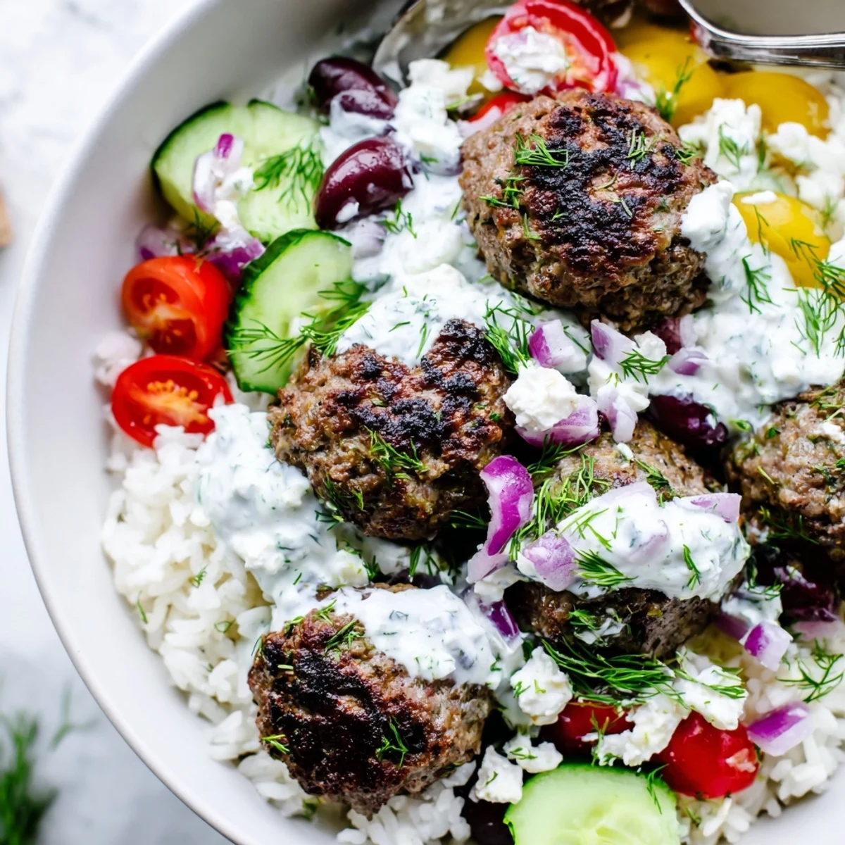 Golden brown Greek meatball bowl topped with creamy tzatziki and crumbled feta
