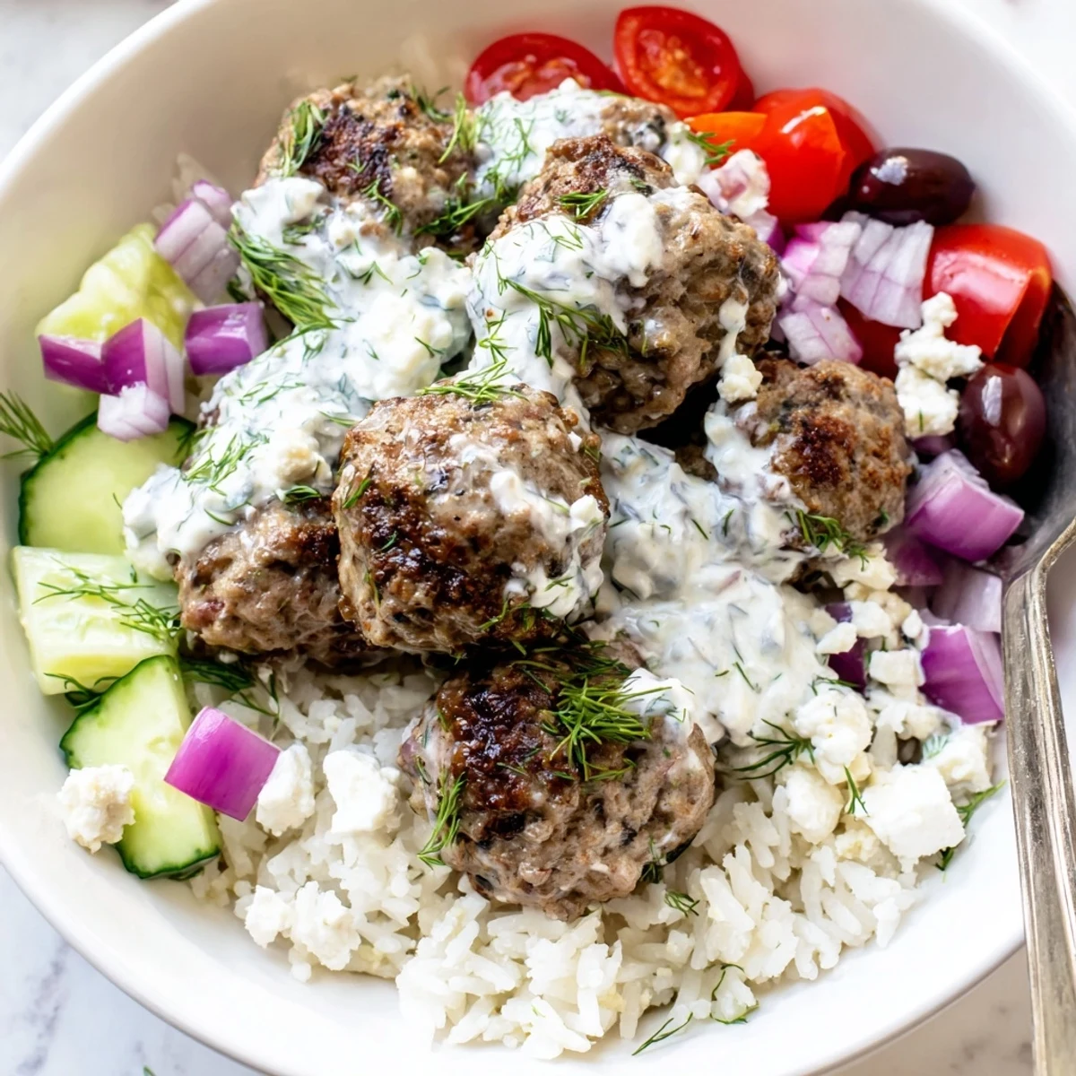 Juicy Greek meatball bowl served over rice with cherry tomatoes and olives