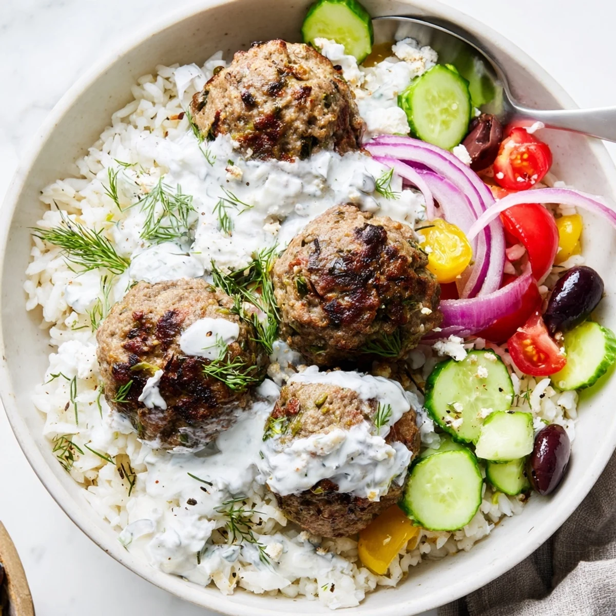 Crispy pan-fried Greek meatball bowl drizzled with tangy tzatziki and fresh dill