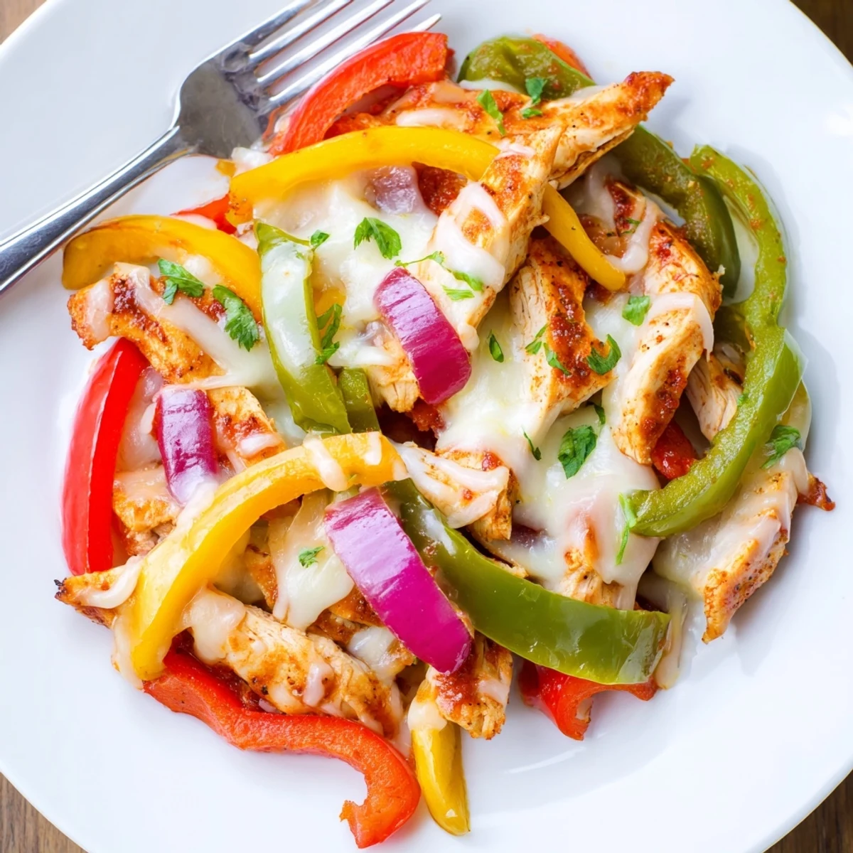 Cheesy Baja Chicken Bell Pepper Skillet with bubbling cheddar, vibrant peppers, cilantro