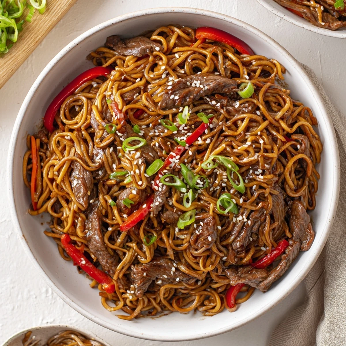 Sticky Beef Noodles glistening with sauce, tender beef and crisp bell pepper  