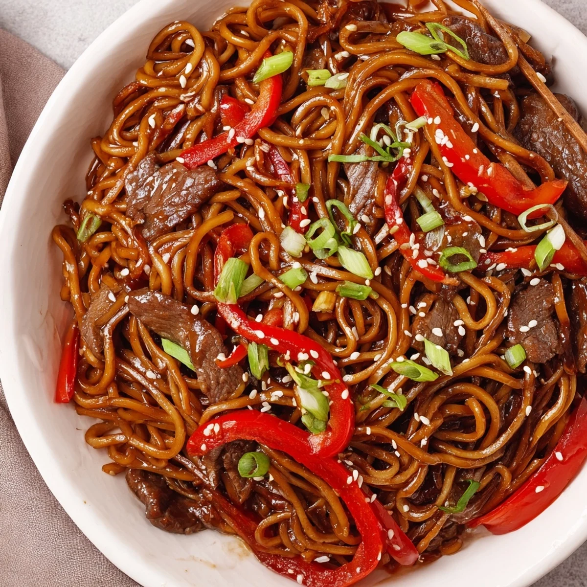 Wok-tossed Sticky Beef Noodles glossy from honey-hoisin glaze, topped with scallions