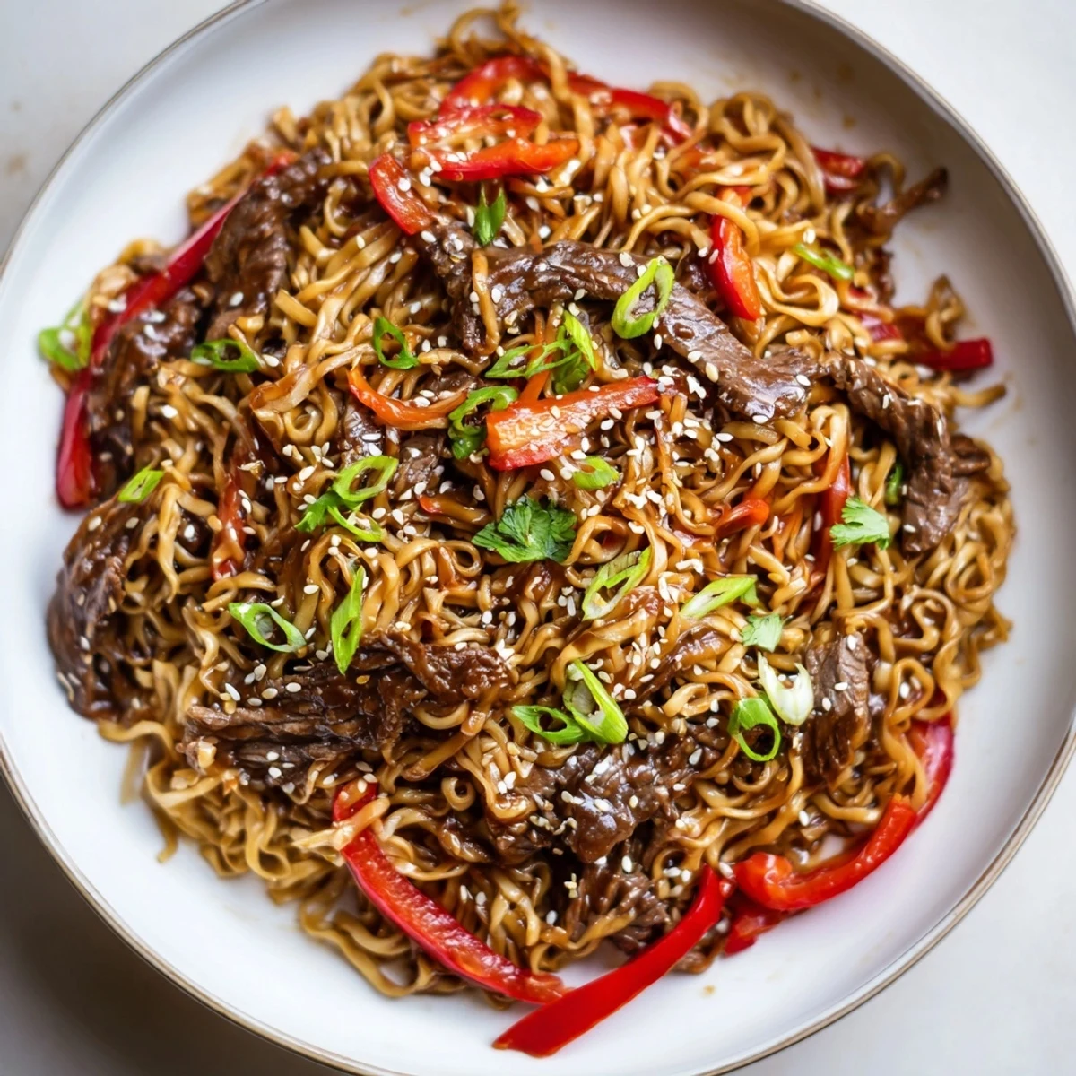 Plate of Sticky Beef Noodles steaming on a wooden table, sesame garnish  