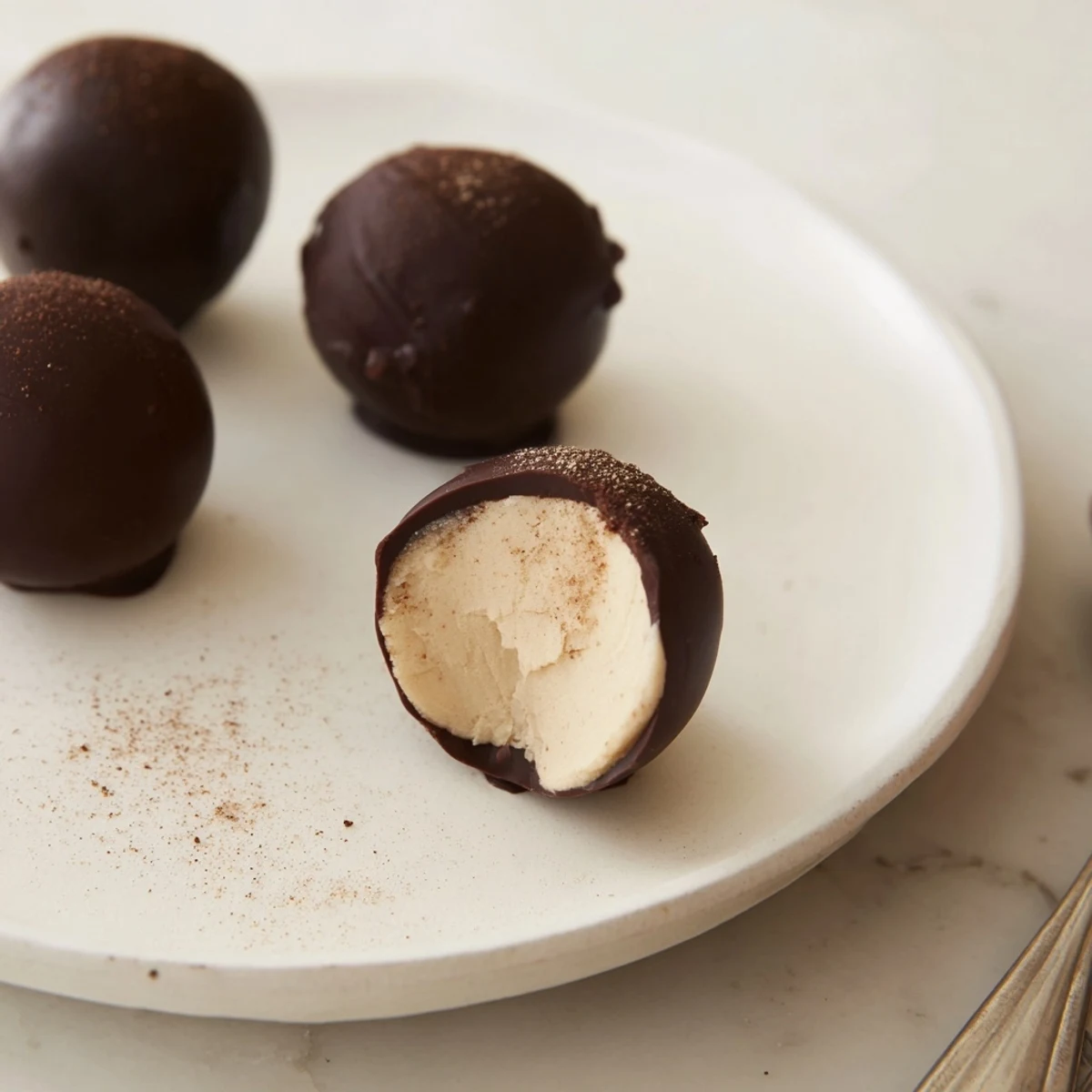 Dark Chocolate Eggnog Truffles resting on parchment, glossy shells dusted with nutmeg