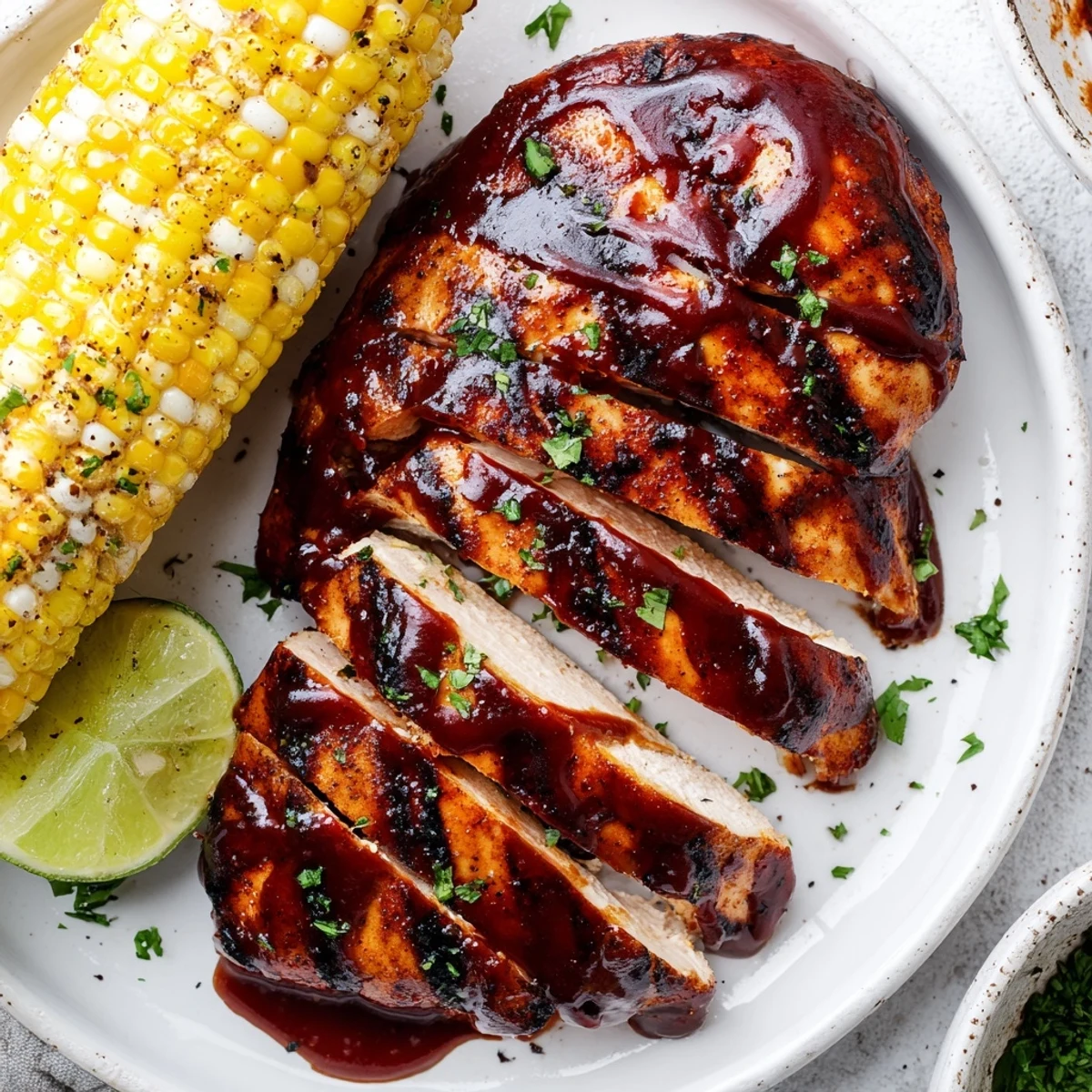 BBQ Chicken With Corn sizzling on the grill, sticky sauce and charred kernels.