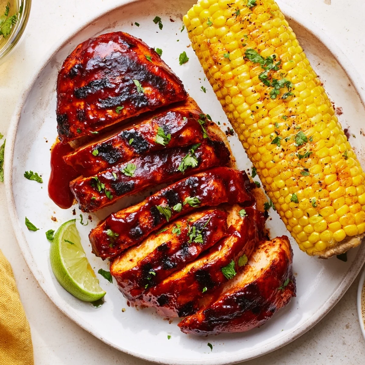 Bright lime wedges beside BBQ Chicken With Corn, juicy breasts and buttery cobs.