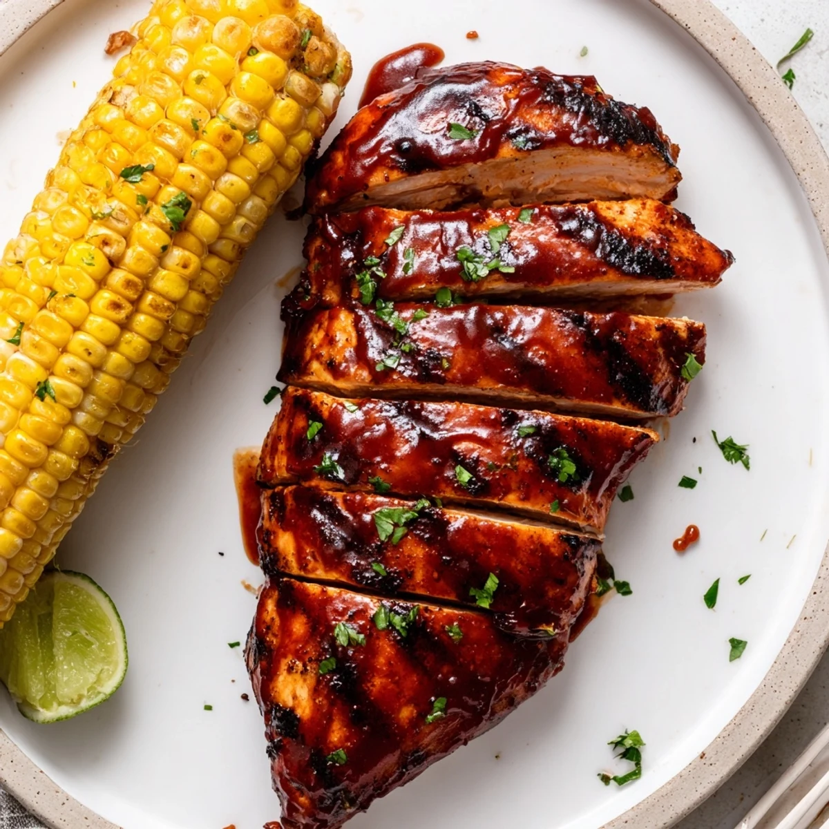 Plated BBQ Chicken With Corn, smoked paprika crust, golden kernels and parsley.