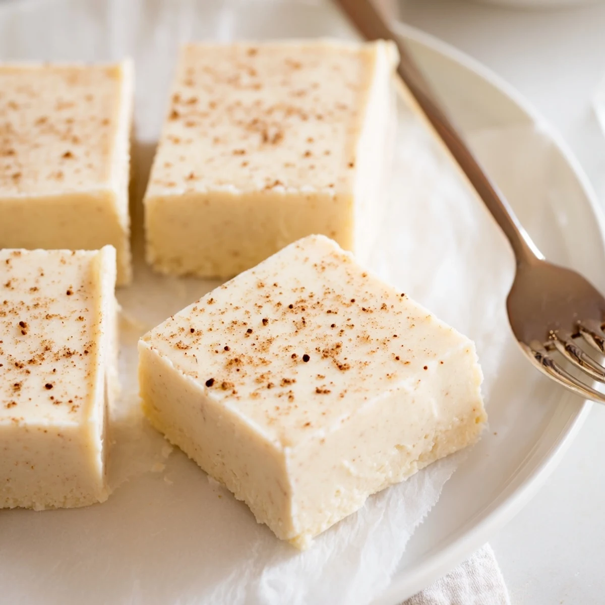 Creamy Eggnog Fudge dusted with grated nutmeg on parchment, holiday tray