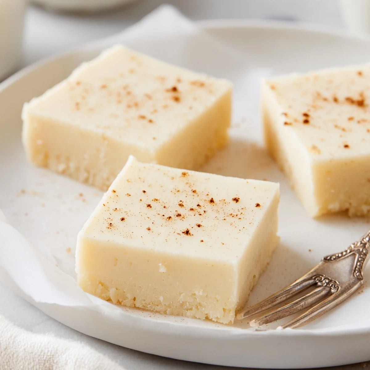 Slices of chilled Eggnog Fudge stacked neatly, buttery sweetness and spice