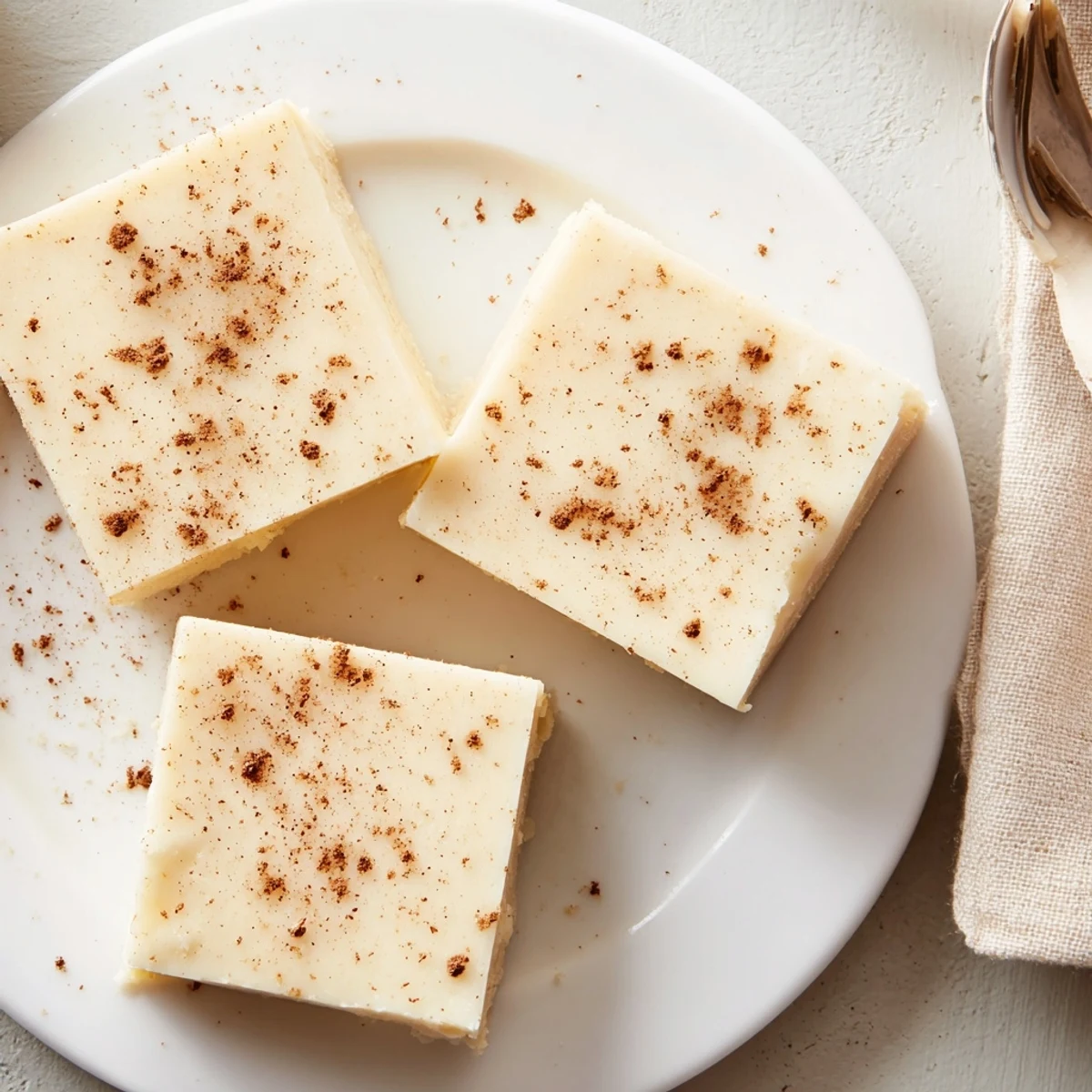 Hand-cut Eggnog Fudge squares sprinkled with nutmeg, ready for dessert plates