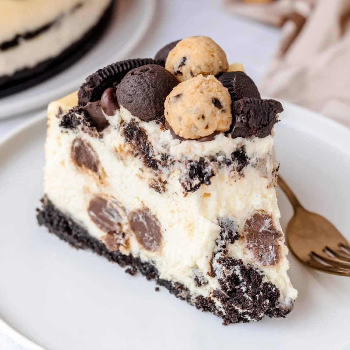 Velvety Chocolate Chip Cookie Dough Cheesecake topped with mini chips and dough balls