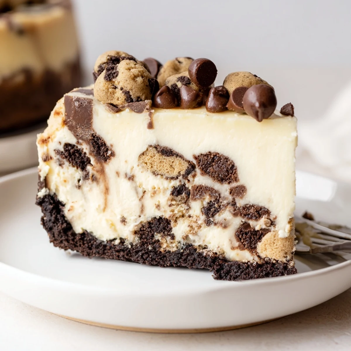 Slice of Chocolate Chip Cookie Dough Cheesecake resting on chilled plate, rich aroma
