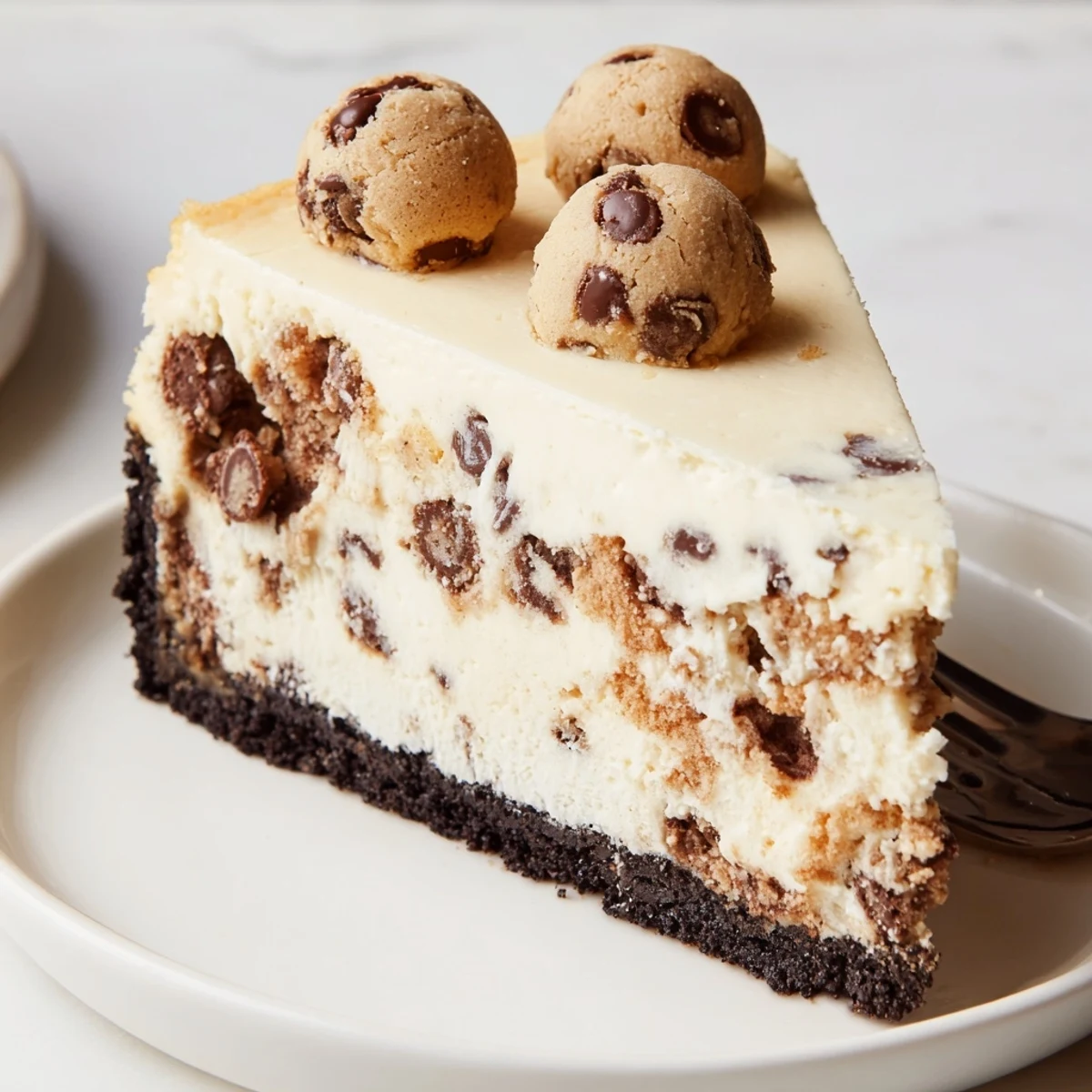 Homestyle Chocolate Chip Cookie Dough Cheesecake with crisp chocolate crust, creamy center