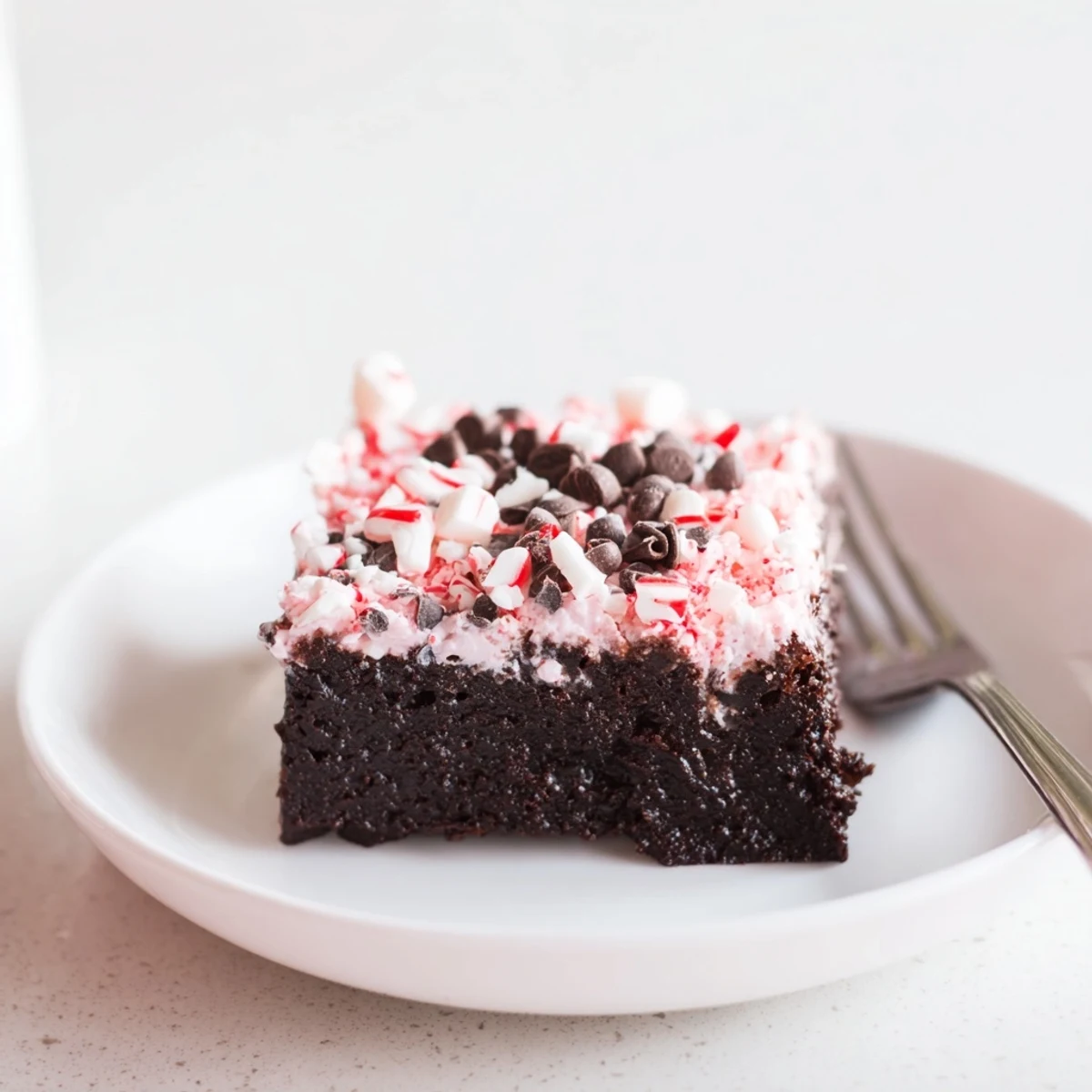 Peppermint Poke Cake with fluffy whipped topping and crushed peppermint candies