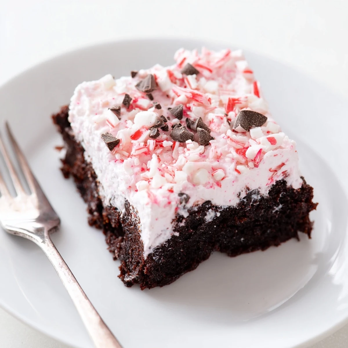 Easy Peppermint Poke Cake served cold, garnished with chocolate shavings and candy
