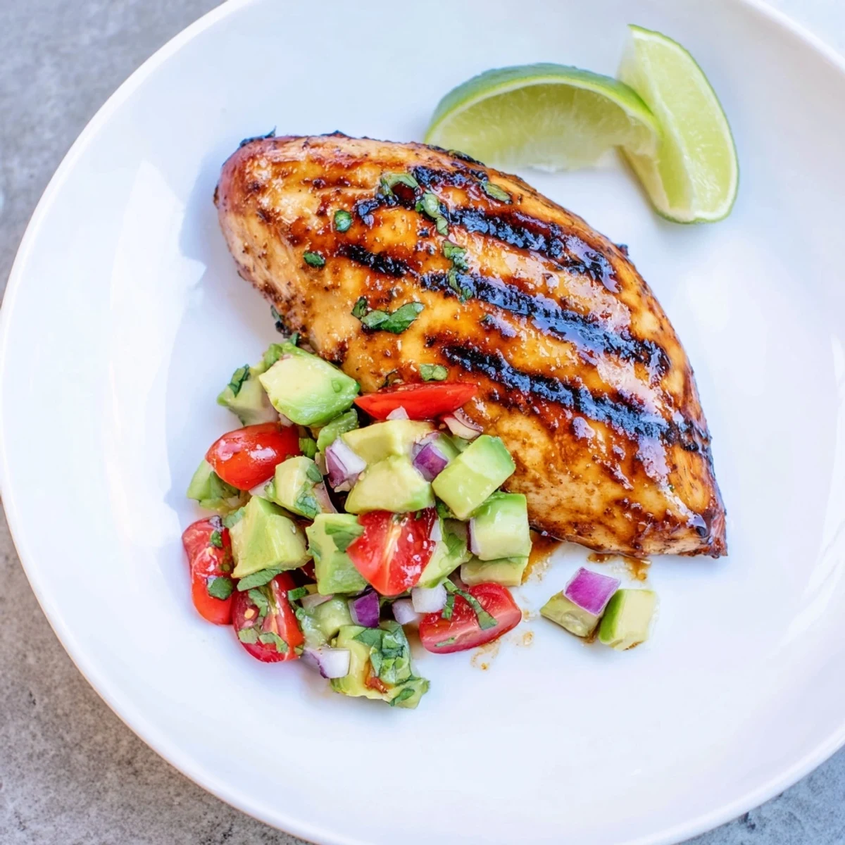 Grilled Fiesta Lime Chicken With Avocado topped with zesty avocado-tomato salsa