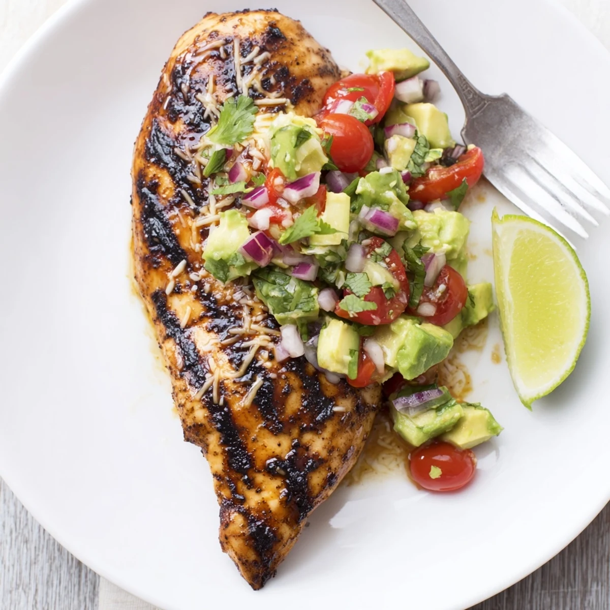 Sizzling Fiesta Lime Chicken With Avocado on skillet, garnished with lime wedges
