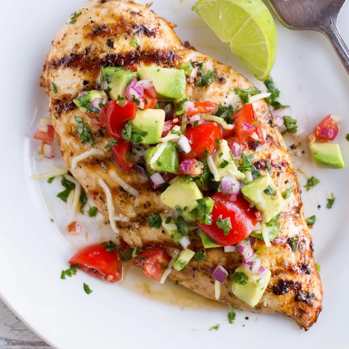 Bright Fiesta Lime Chicken With Avocado plated with melted cheese and cilantro