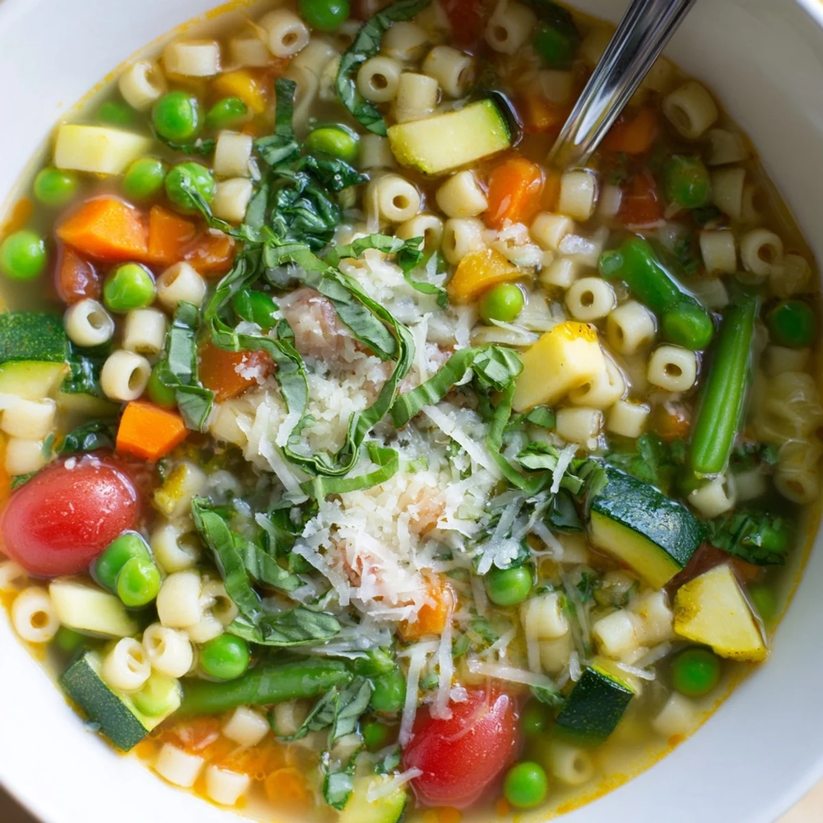 Spring Minestrone Soup Recipe steaming in rustic bowl, vibrant vegetables and herbs  