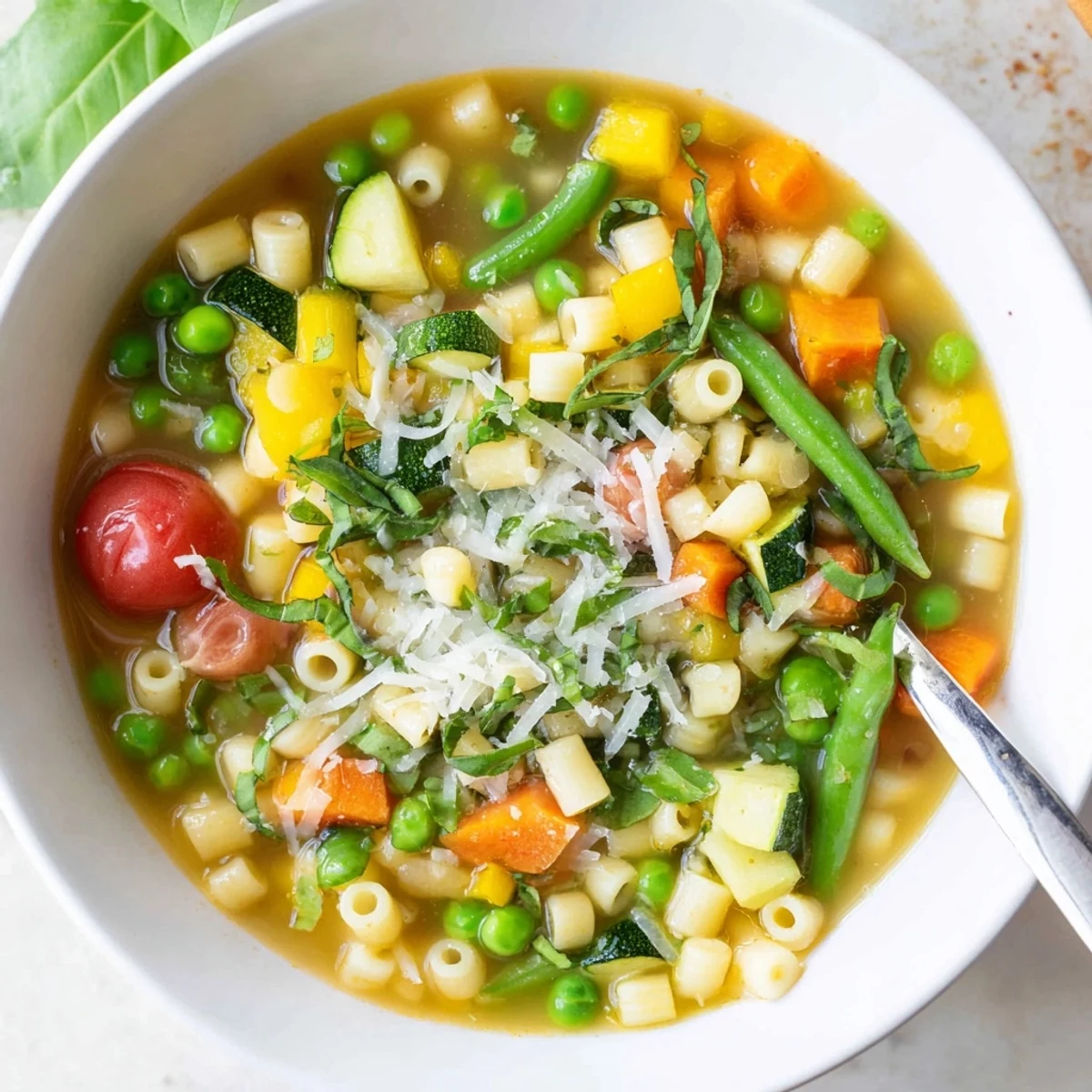 Ladle of Spring Minestrone Soup Recipe served with crusty bread and Parmesan