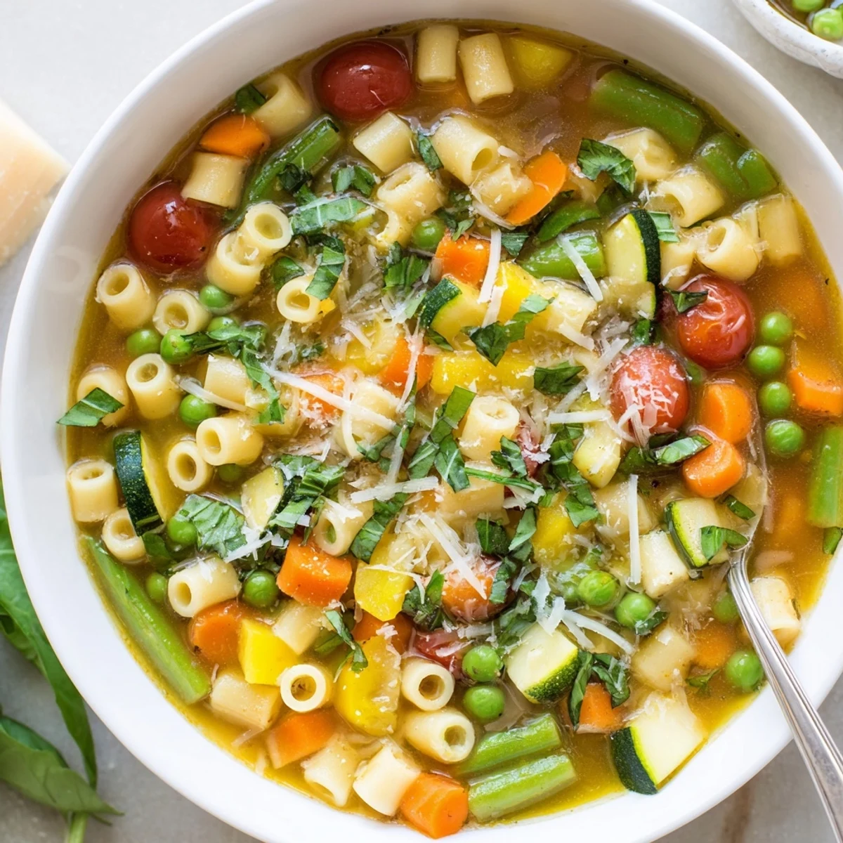 Hearty Spring Minestrone Soup Recipe with tender pasta, fresh basil, olive oil drizzle  