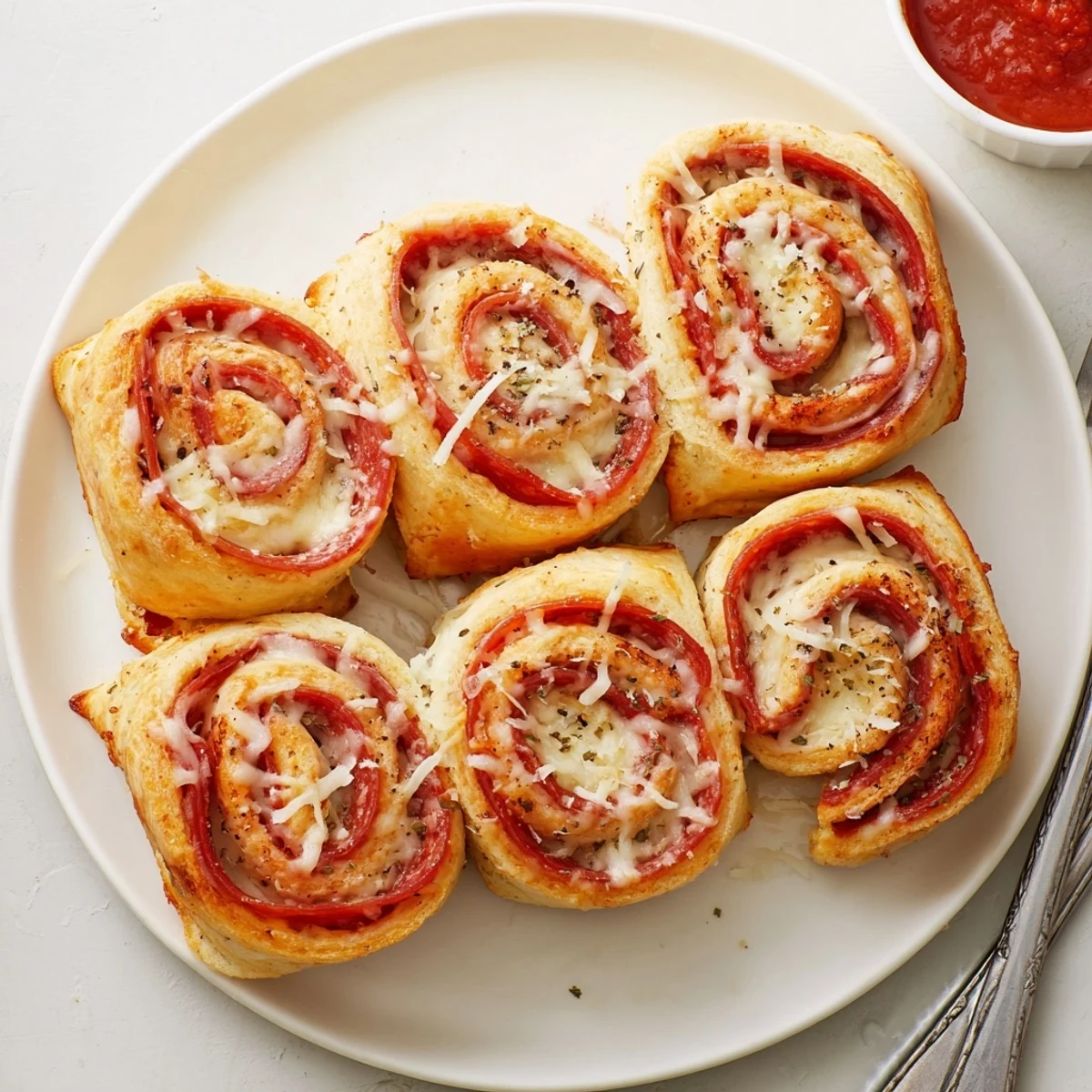 Warm Pepperoni Pizza Roll Breadsticks Recipe, golden cheesy spirals served with marinara