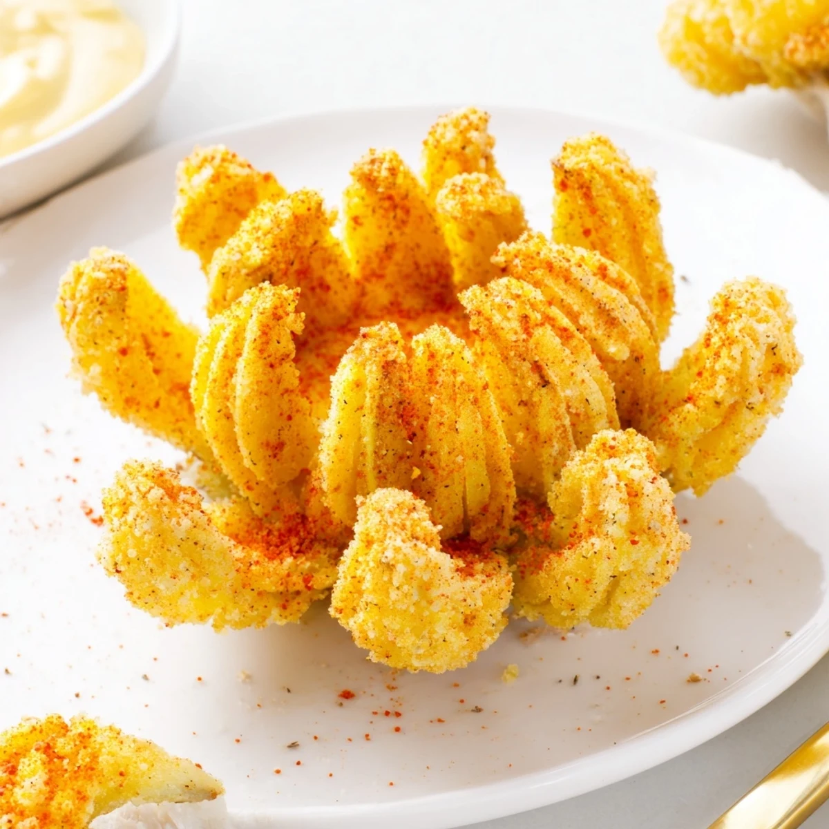 Crispy Mini Bloomin Onions Recipe: golden petals crackling, served with creamy dipping sauce.