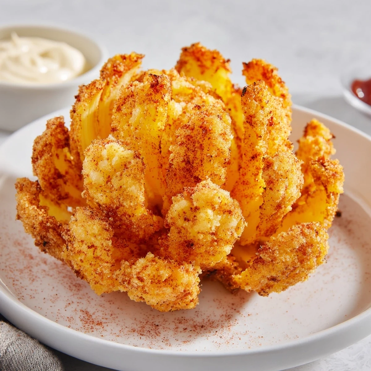 Warm, hand-battered Crispy Mini Bloomin Onions Recipe paired with zesty horseradish-ketchup dip.