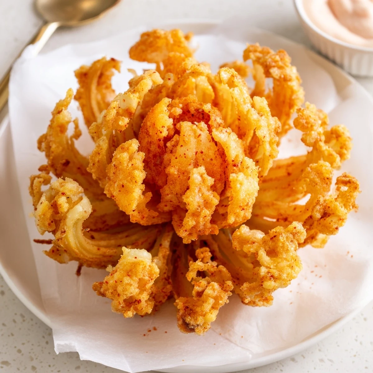 A party-ready plate showcasing the Crispy Mini Bloomin Onions Recipe and tangy dipping sauce.