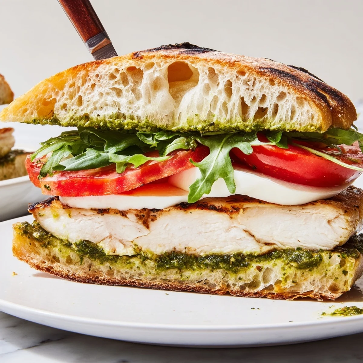 Chicken Pesto Sandwich Recipe showing golden ciabatta, melted mozzarella, juicy grilled chicken.