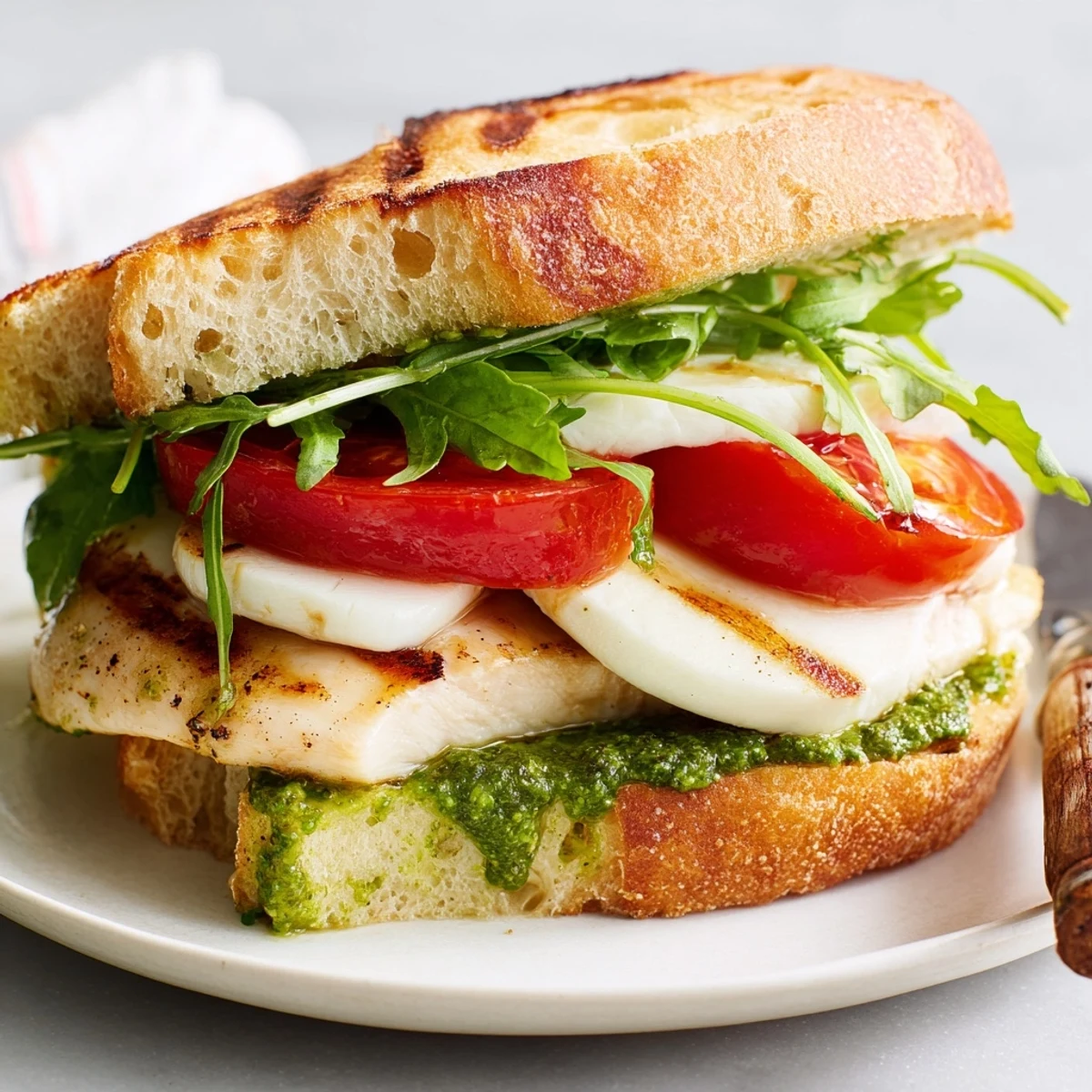 Warm Chicken Pesto Sandwich Recipe plated with peppery arugula and ripe tomato slices.