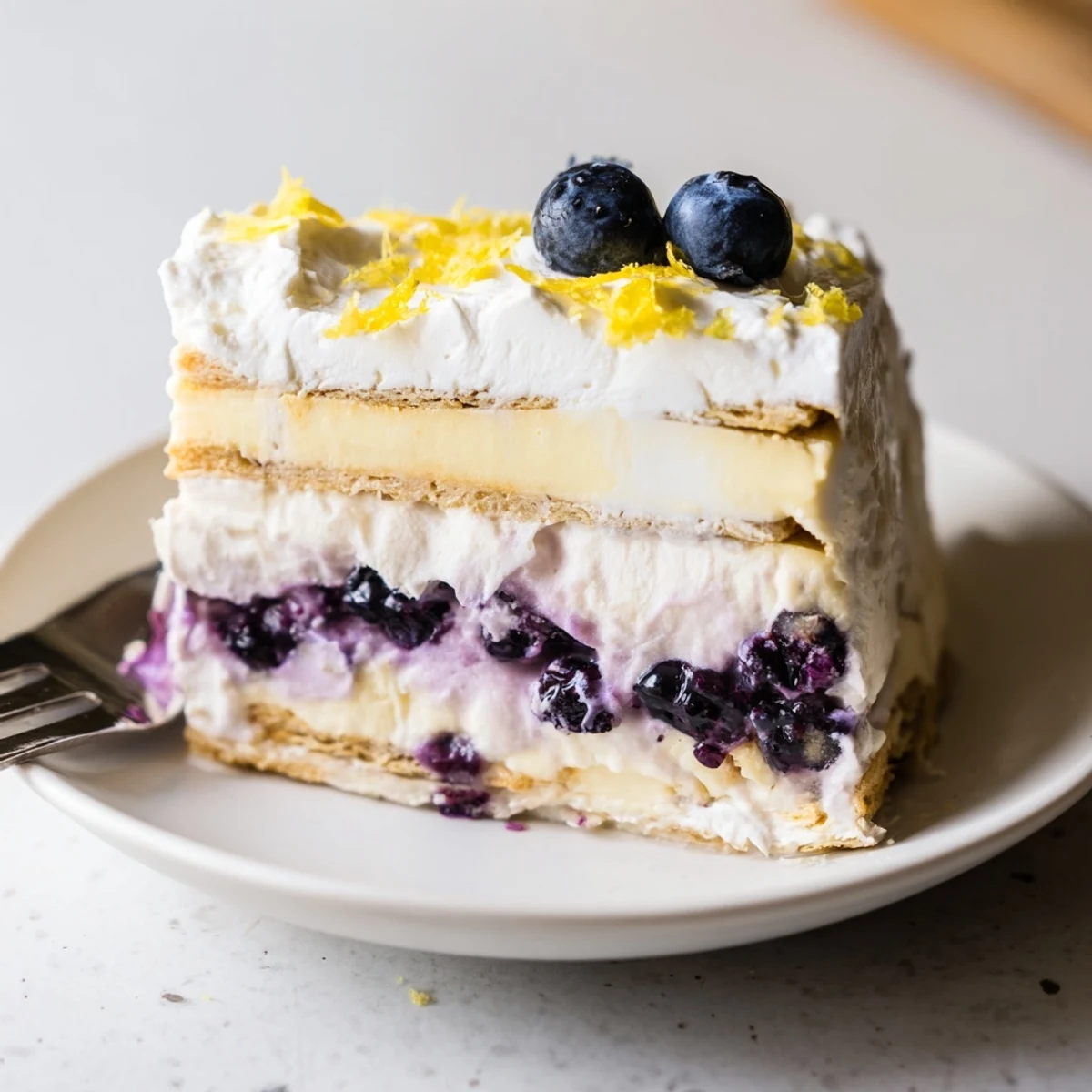 No-bake Lemon Blueberry Lasagna recipe chilled, topped with whipped cream and zest